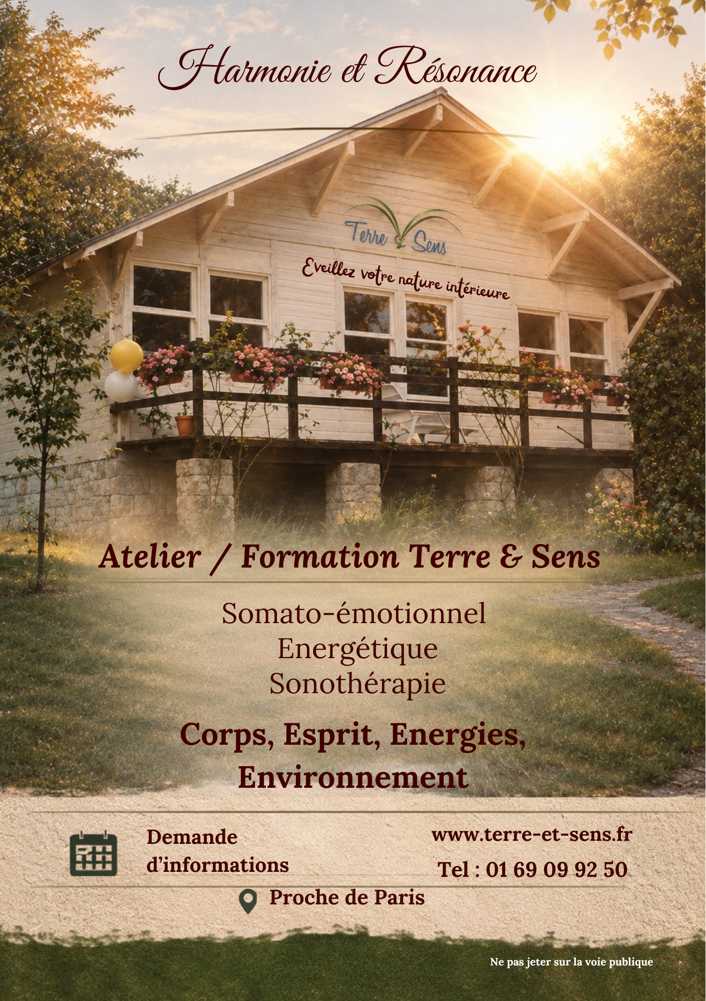 Le chalet Terre & Sens entouré de verdure et de fleurs